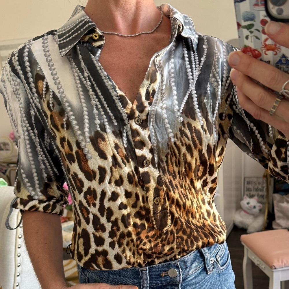 Vintage Cache Silk Pearl and Leopard Tunic